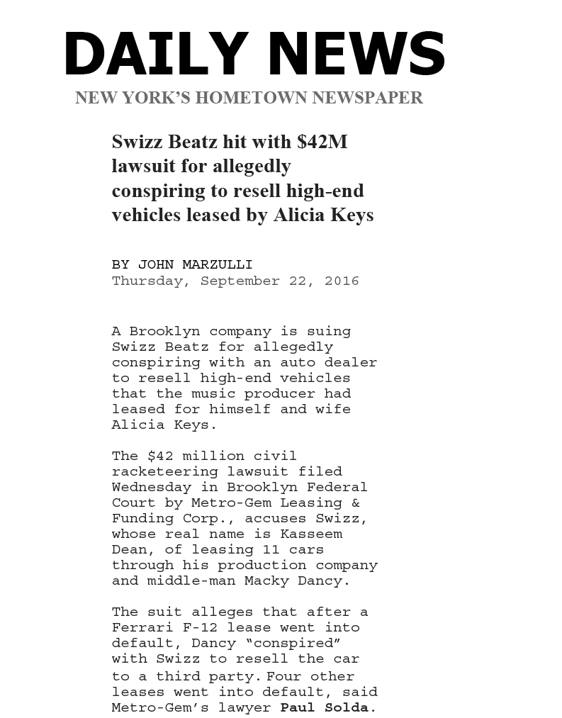 Attorney Solda makes front page headlines in pushing forward pawnbroker case against NYPD…